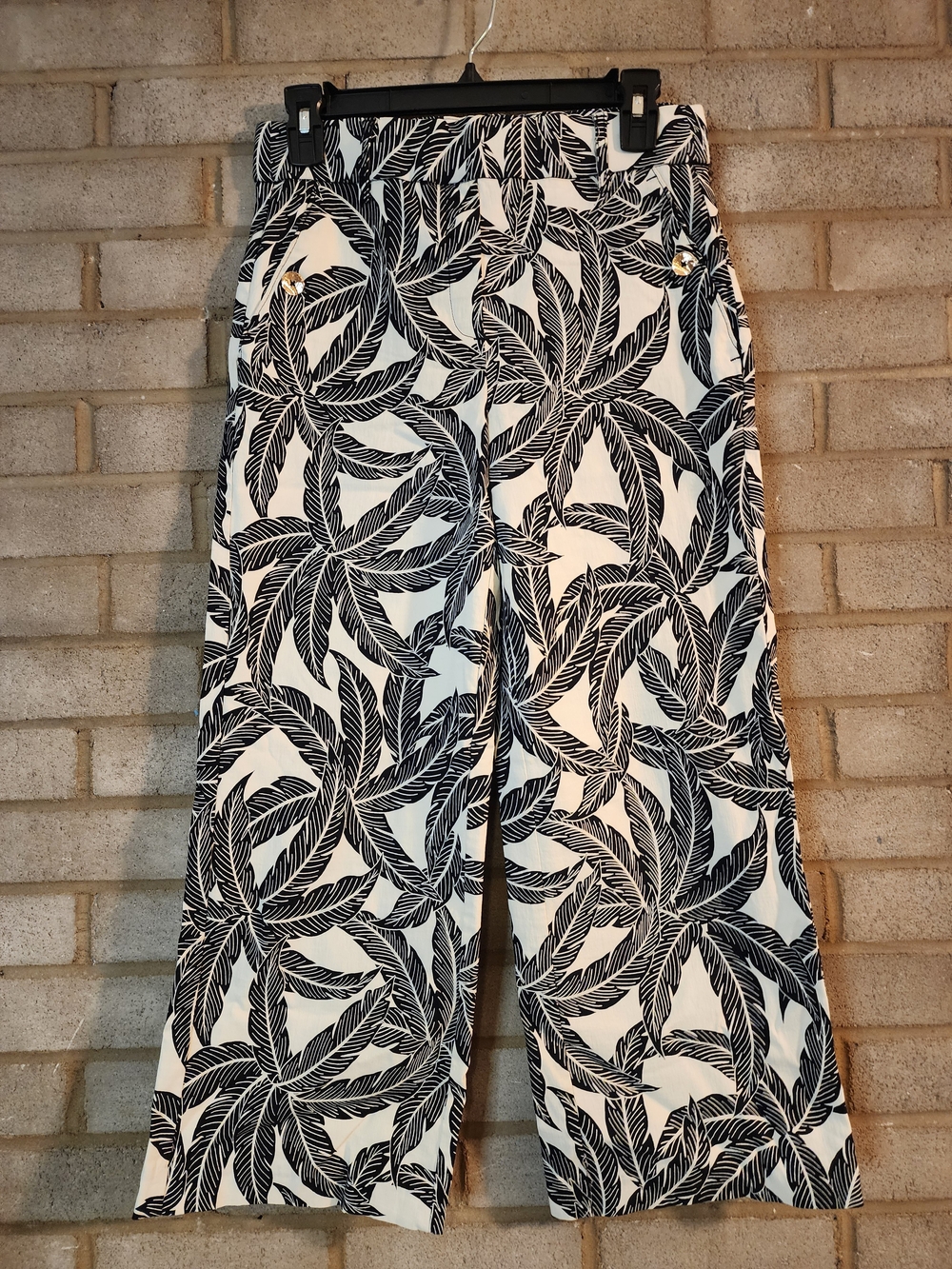 Jules & Leopold Black and White Leaf-Print Wide-Leg Pants